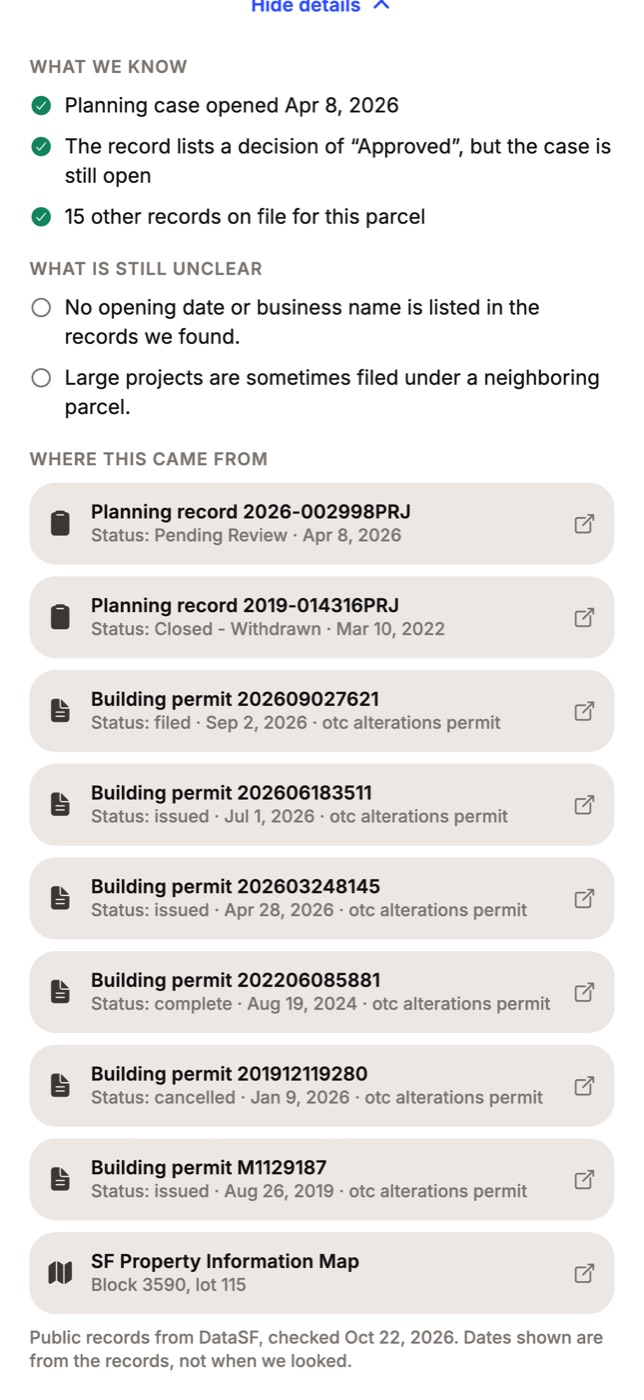 What we know, what is still unclear, and a list of source records with their original statuses and dates.